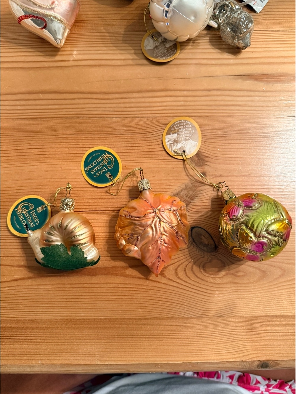 Inge's Christmas Heirlooms Glass Ornaments Set of 3 - Leaf, Snail, and Floral Ba